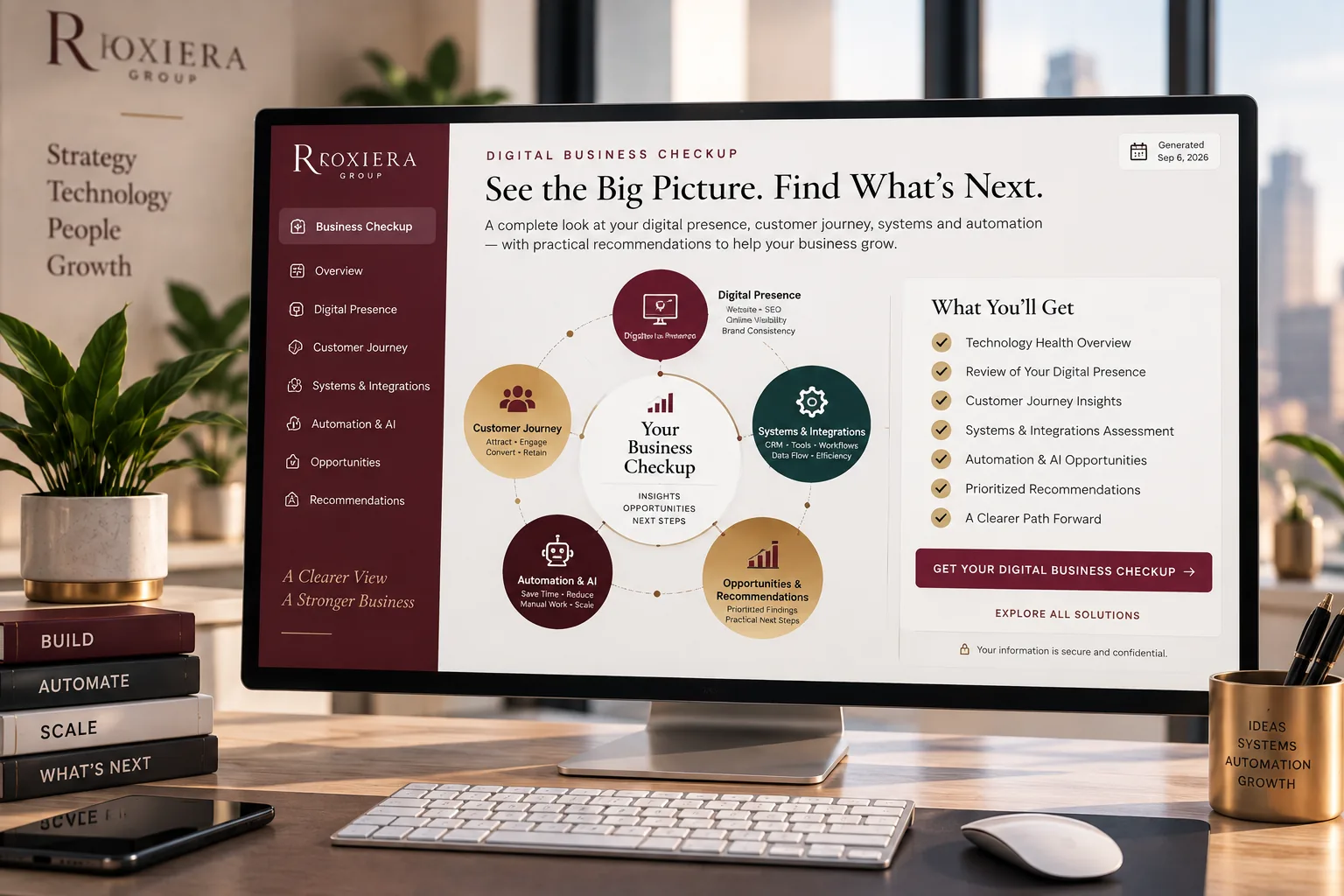 Roxiera Group Digital Business Checkup dashboard on a desktop monitor, showing digital presence, customer journey, systems and automation insights
