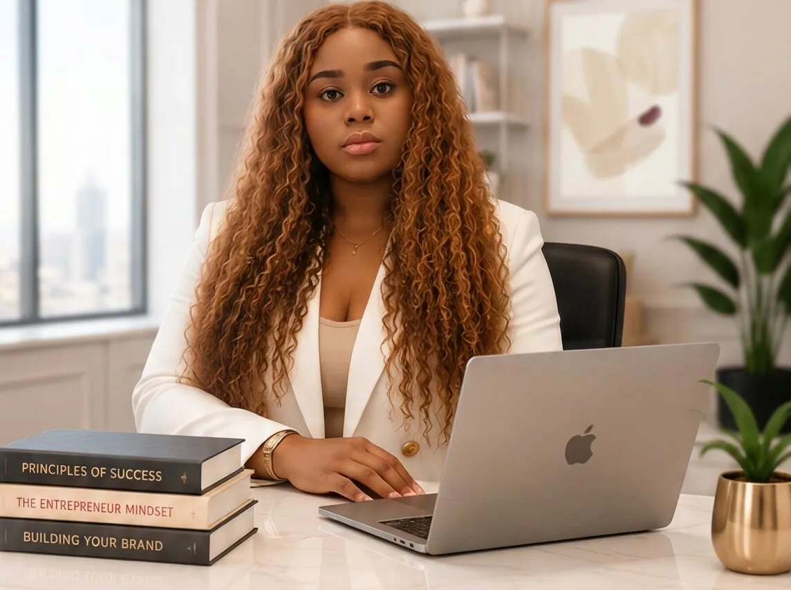 Roxy Brilange, founder of Roxiera Group, seated at an executive desk