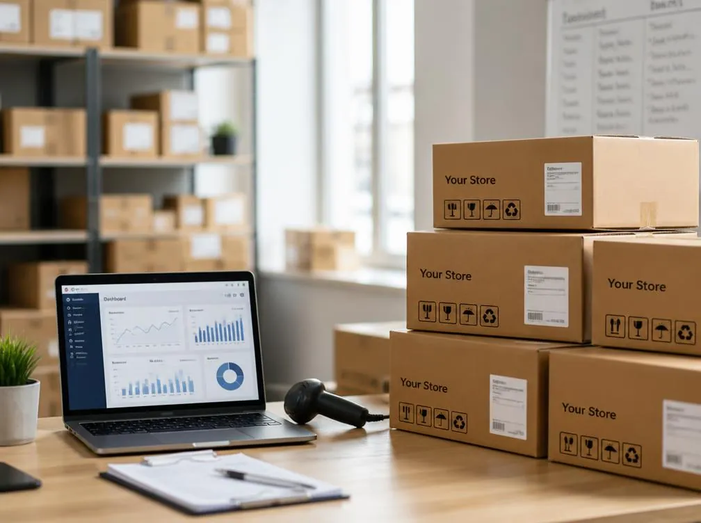 Packed shipping cartons beside a laptop showing sales analytics