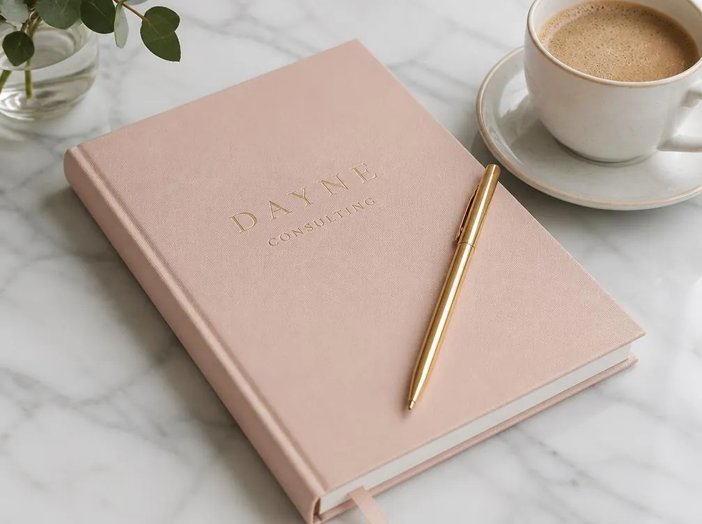 Blush notebook and gold pen on a marble desk beside a coffee cup
