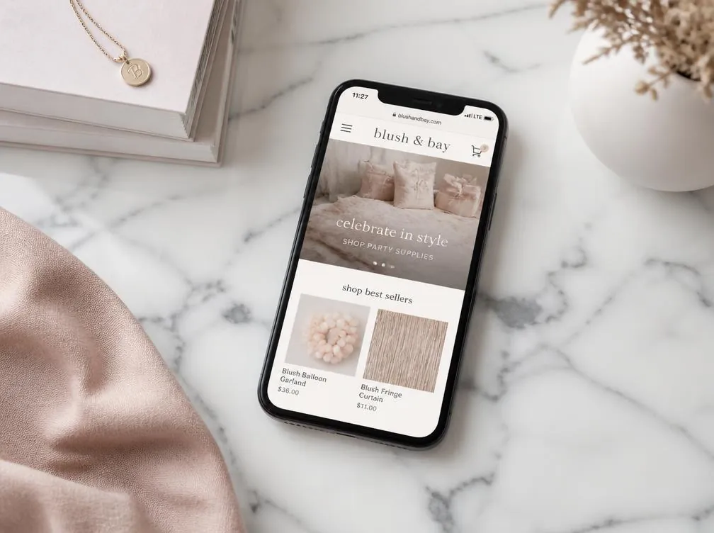 Smartphone displaying a mobile shopping storefront on a marble desk