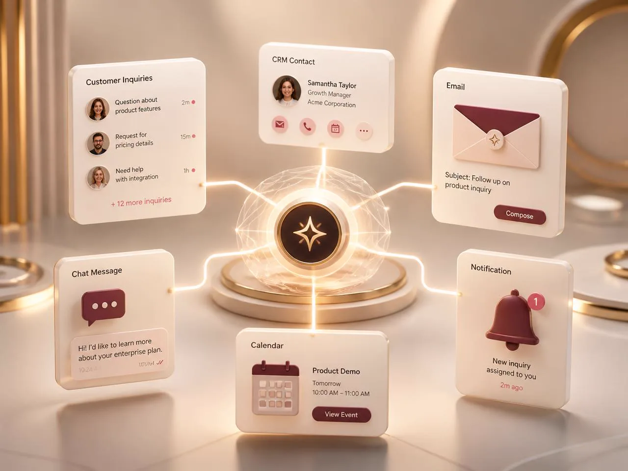 Customer inquiries, CRM records, email, messages, calendar bookings and notifications connected through a central automation system