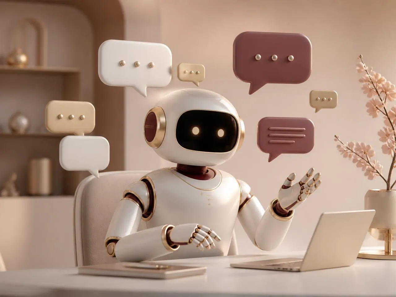 A friendly AI assistant answering customer messages, surrounded by conversation bubbles