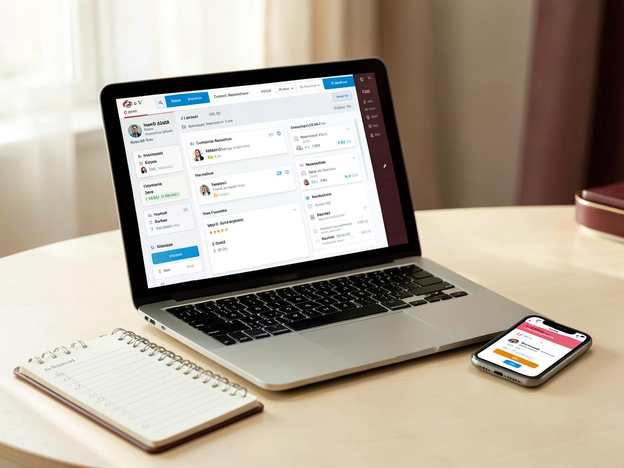 A laptop showing an organized list of customer contacts and follow-up tasks beside a notebook checklist and a phone displaying a reminder