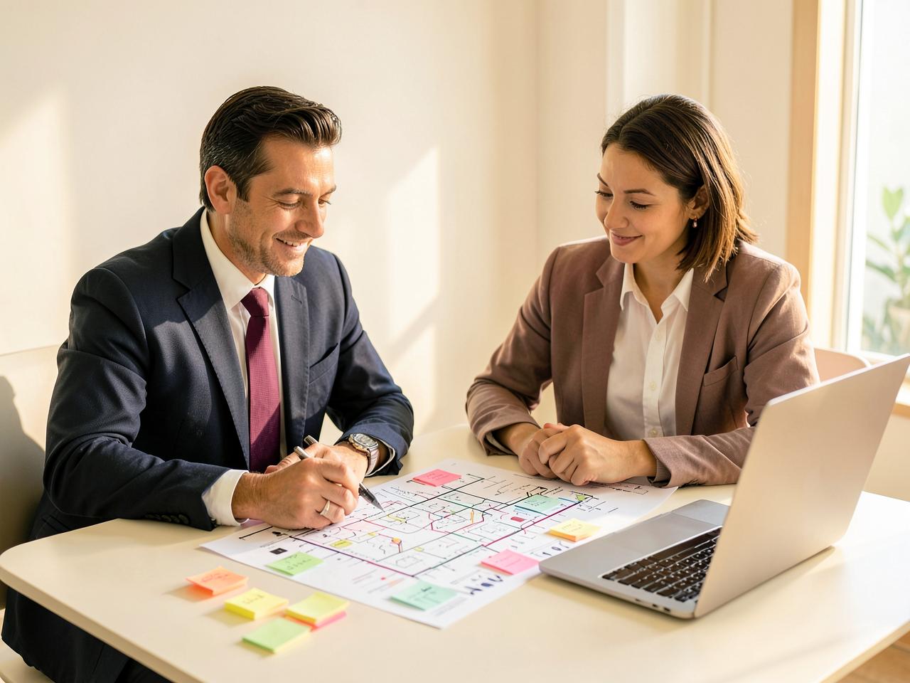 A Roxiera Group strategist and a business owner reviewing a printed digital roadmap with sticky notes and a laptop at a bright table