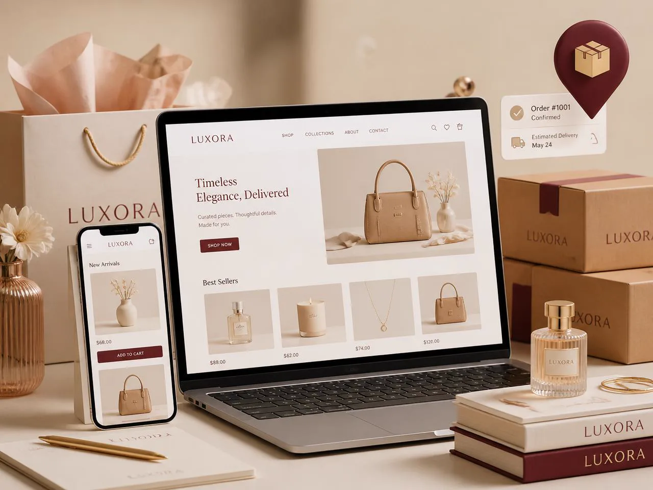 An online store shown on a laptop and phone alongside packaged products and shipped orders