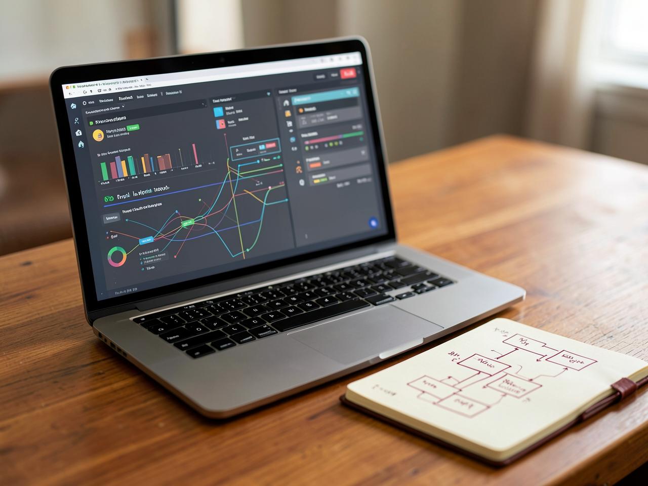 A laptop on a warm wooden desk showing a dashboard of connected business systems, beside a notebook with a hand-drawn diagram of linked tools