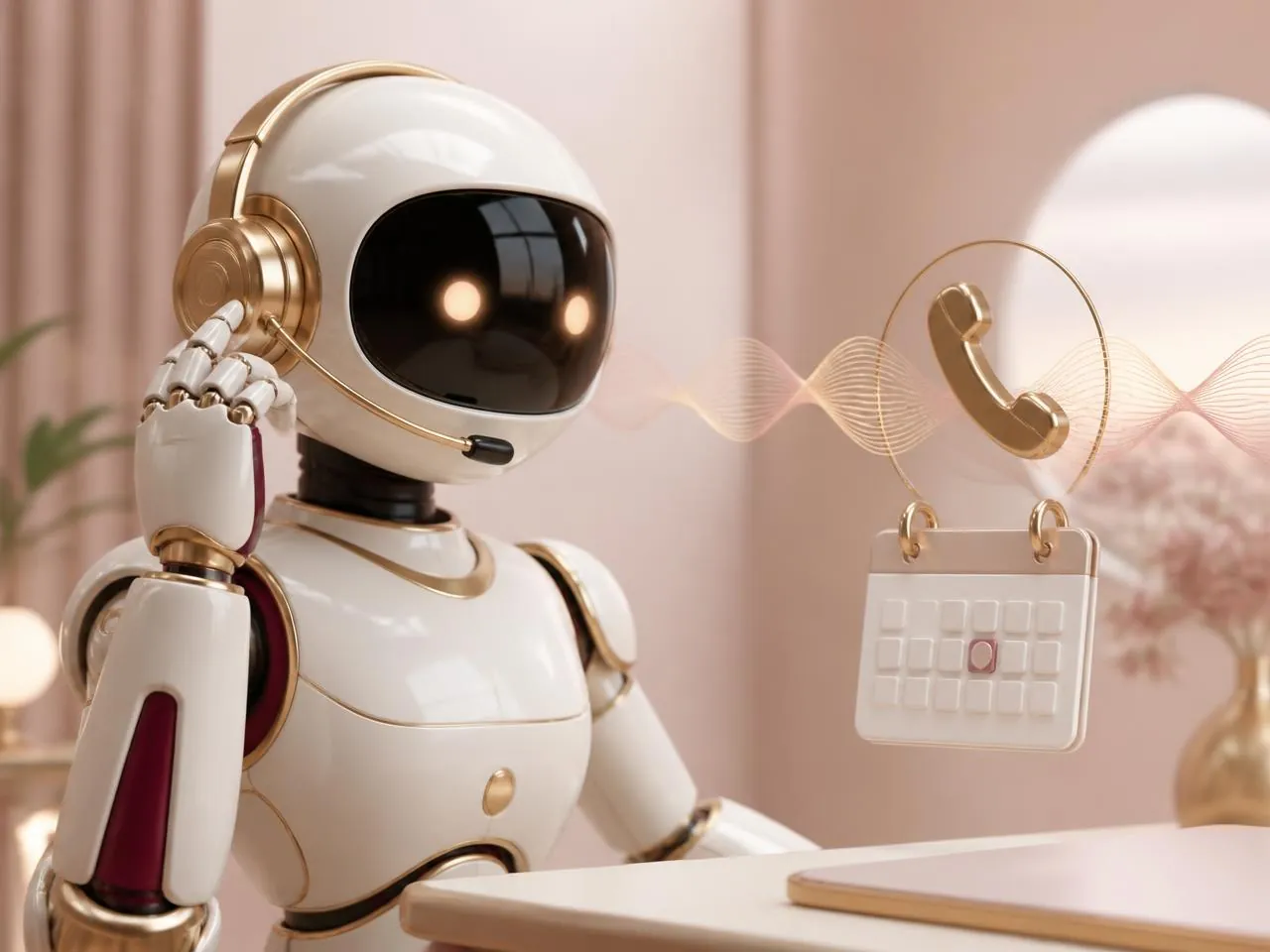 An AI assistant wearing a headset taking a business call and booking an appointment