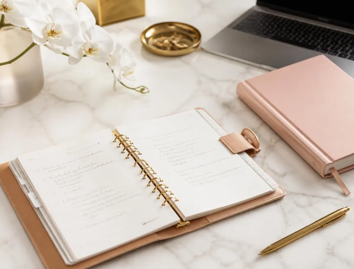 Open planner with strategy notes, gold pen and laptop on a marble desk