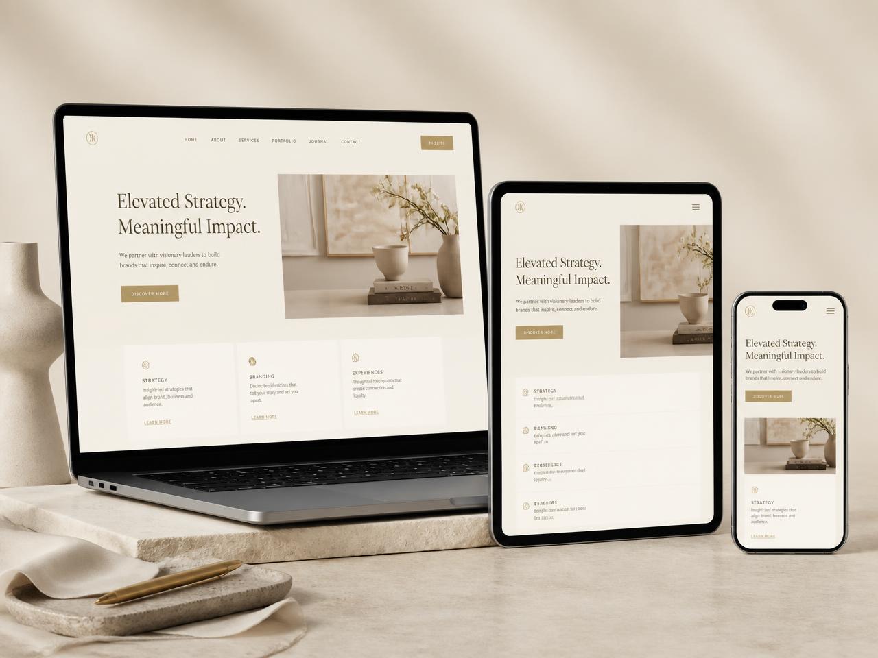 A professionally designed website shown responsively on a laptop, tablet and smartphone
